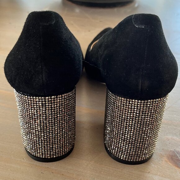 Karl Largerfeld Black Suede Rhinestone Block Heel Pumps - Picture 6 of 8